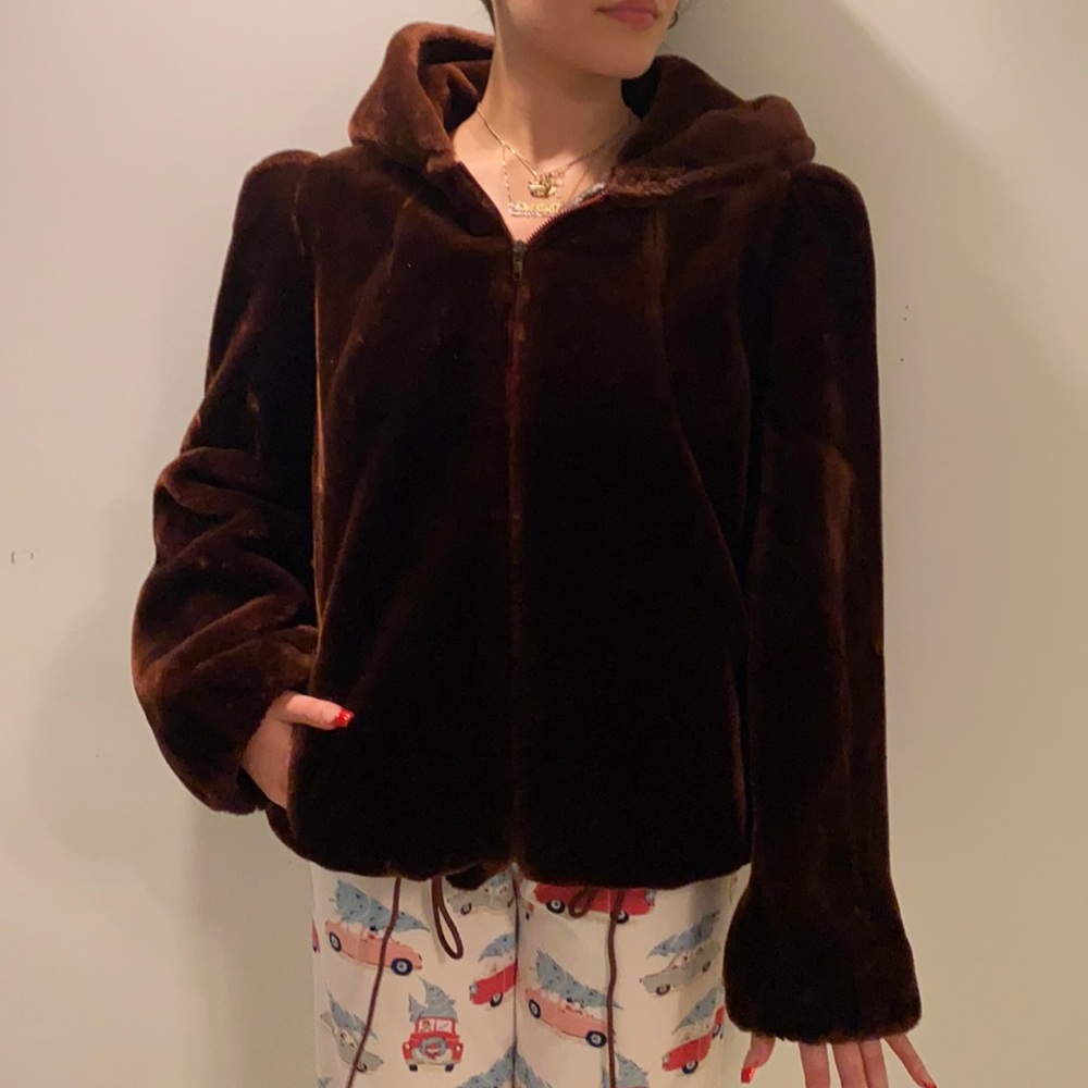 Perfect condition vintage mahogany Fur Coat with leather trim and silk lining